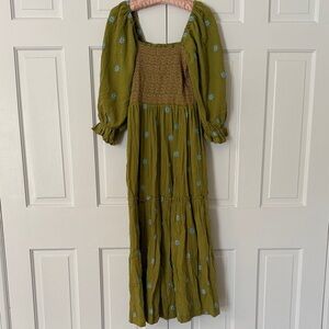 Olive Green Floral Smocked Dress